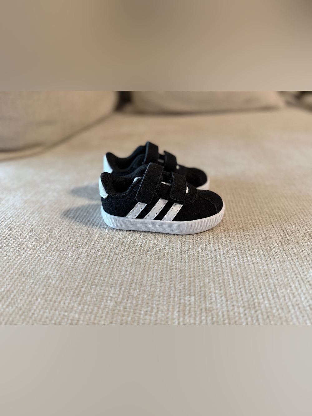 Black and White Kids Adidas Velcro Stripe Sneakers